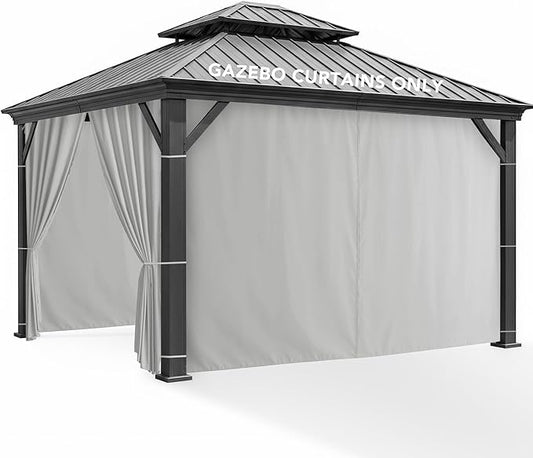 Gazebo Curtains Outdoor Waterproof - 10'Wx12'Lx7.9'H Gazebo Universal Replacement Privacy Curtains, 4 Panels Sidewall Drapes with Zipper for Patio Pergola Garden Backyard, Silver