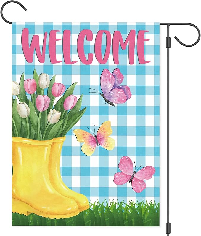 Spring Garden Flag 12"x18" Welcome Yellow Rain Boots with Pink Tulips Butterflies Blue Gingham Background Double Sided Outdoor Yard Porch Decor