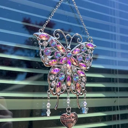 VIVIKEN Mother's Day Rhinestones Butterfly Window Decor Wind Chime Hanging Ornament for Garden House, Glittering Gifts from Son Daughter Mom Mothers Birthday Christmas
