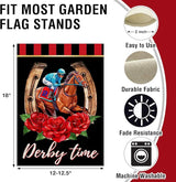 Artofy Derby Time Horse Racing Small Decorative Garden Flag, Kentucky Jockey Rose Flower Black Red Yard Lawn Outside Decor, Horseshoe Burlap Outdoor Home Decoration Double Sided 12 x 18