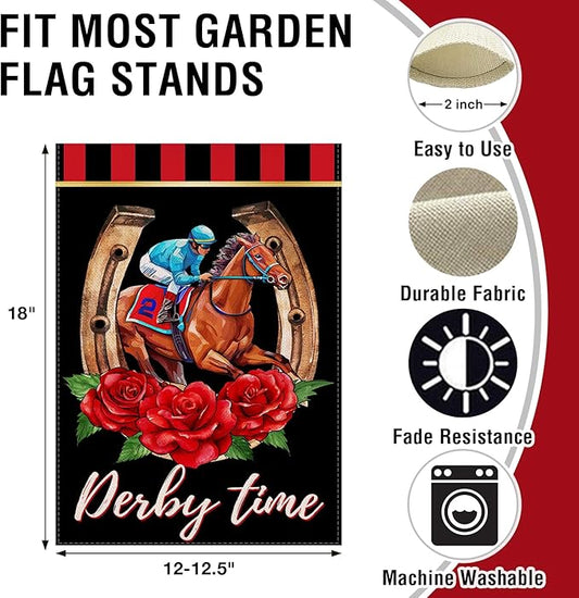 Artofy Derby Time Horse Racing Small Decorative Garden Flag, Kentucky Jockey Rose Flower Black Red Yard Lawn Outside Decor, Horseshoe Burlap Outdoor Home Decoration Double Sided 12 x 18