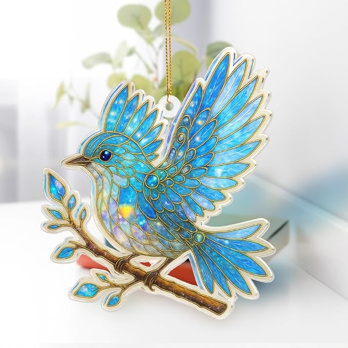 Blue Bird Stained Glass Ornament Acrylic Window Hanging Suncatcher – Bird Lover Gifts, Wildlife Animal Decor for Christmas Tree, Rearview Mirror, Garden, Home Accessories, Unique Gifts for WomenSun-17