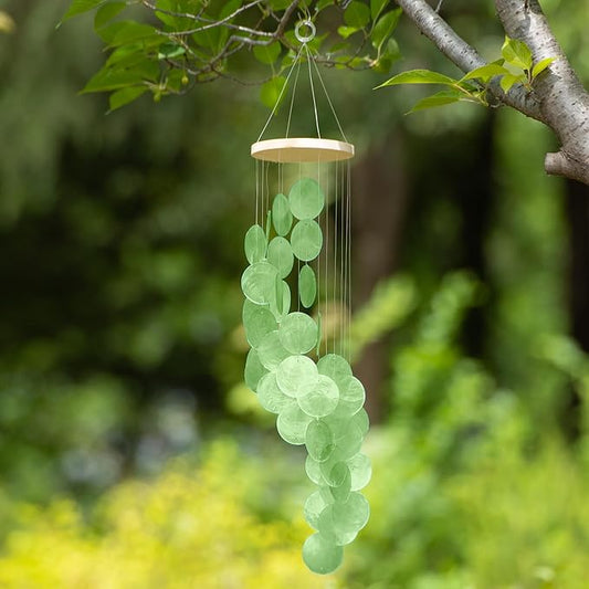 Green Gradient Spiral Shape Capiz Shells Windchime,Shell Wind Chimes for Outside,Coastal Wind Chimes for Indoor/Outdoors,Seashell Wind Chimes,Best Hanging Decor for Balconies,Garden,Yard,Beach