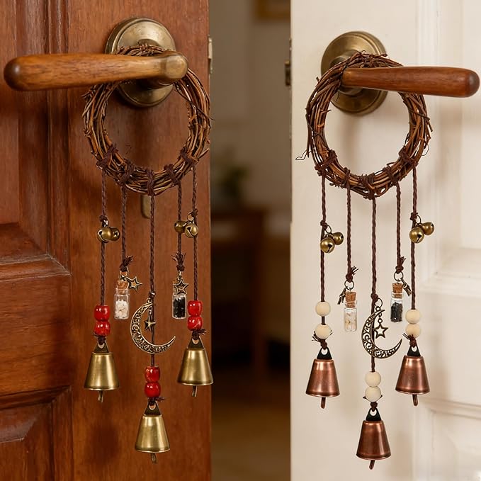 2 Pieces Witch Bells for Door Knob for Protection Hanging Bell Wind Chimes Handmade Decorative Bell for Boho Home Room Witchy Decor (Retro red)