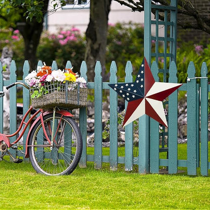 Metal Star Memorial Day Decorations Outdoor Garden Stake, Patriotic US Flag Barn Star Wall Decor, 4th of July Yard Sign American Decor for Front Porch Patio Lawn