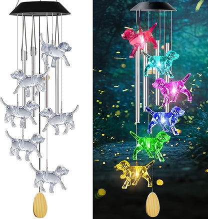 Dog Solar Wind Chimes with 4 Music Aluminum Tubes, Wind Chimes of Outside, 7 Colors Changing Outdoor Waterproof Crystal Dog LED Wind Bell, Home Party Yard Garden Decor