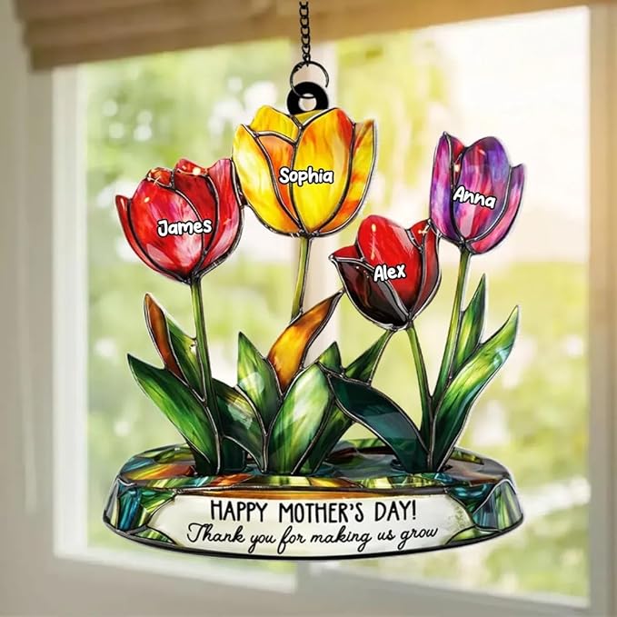 Personalized Grandma Mom Tulip Flower Acrylic Sun Catcher Ornament, Custom Heartfelt Grandma Gifts for Mothers Day, Nana Gift from Grandkids, Custom Family Window Hanging Home Decor