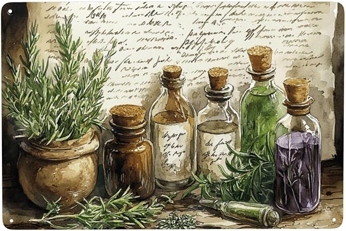 Cafemira Metal Signs,Vintage Collage of Herbs & Apothecary Jars,Charm tin sign Art Wall Decor,For Living Room,office,studio,cafe,Garden,Yard,Patio,unique artistic plaque poster,8x12 Inch