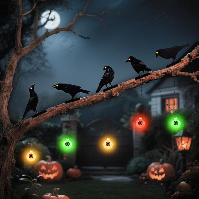 Halloween Outdoor Decor Metal Crow and Eyeball Solar Powered Lights Gothic Yard String Lights, Mini Garden Ornaments, Fence Toppers, Halloween Party and Home Decor (Set of 5)