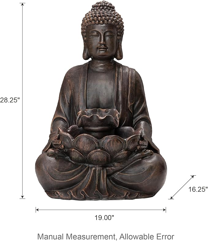 Glitzhome Buddha Statue 28" H, Outdoor Buddha Large Statue Zen Style Buddha Fountian with LED Light & Pump Polyresin Outdoor Floor Freestanding Fountain Garden Buddha Sculptures & Statues Lawn Décor