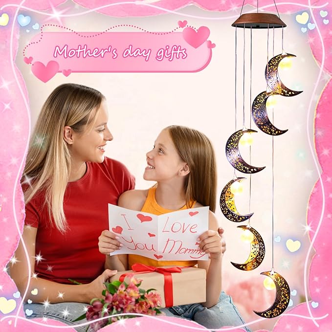 Tryme Solar Moon Wind Chimes Outdoor Solar Lights Windchimes Waterproof Hanging Decorations Gifts for Garden Patio Birthday Thanksgiving Home Party