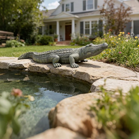 DiliComing Garden Decor Large Alligator Statue - 34 Inch Gray Resin Crocodile Outdoor Decor Swamp Themed Lawn & Yard Decoration Durable Outdoor Garden Statues Gifts