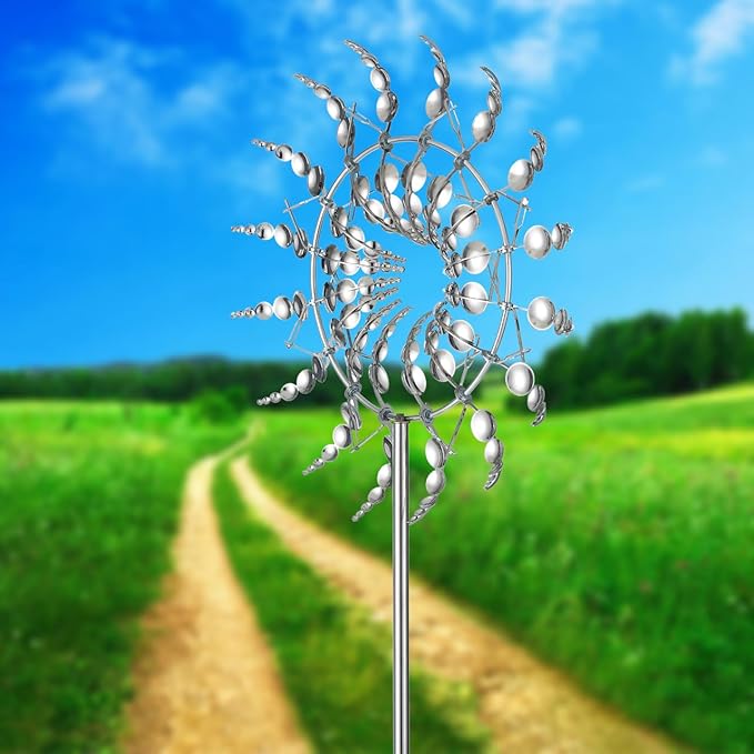 Magical 3D Wind Spinners Outdoor, 360° Metal Windmills for Yard Garden, 12.6 inches Wind Powered Wind Catchers Sculptures and Spinners for Yard Garden Patio Decoration(Colorful) (Silver)