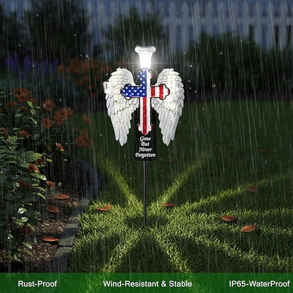 Solar Memorial Cross with Angel Wings - Patriotic American Flag Cemetery Decorations - Waterproof LED Grave Marker, Veterans Day & Father's Day Sympathy Gift for Loss of Loved One(Angel Wings)