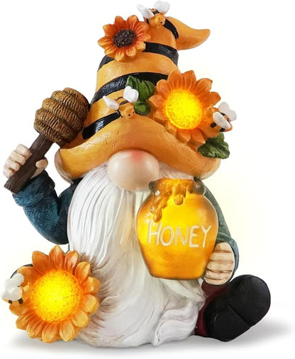 basen Bee Gnome Solar Garden Statue Outdoor Decor, Resin Gnome with Sunflower and Honey Jar, Solar Powered Lighted Yard Lawn Patio Porch Decoration, Waterproof Yard Art