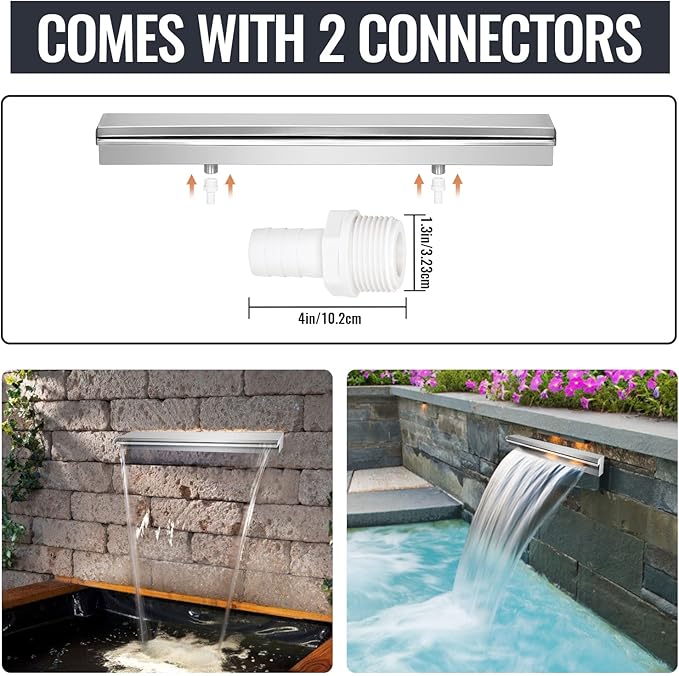 Pool Waterfall Fountains, Stainless Steel Rectangular Pool Waterfall Spillway with Pipe Connector for Indoor/Outdoor Decorative (23.6 Inch)