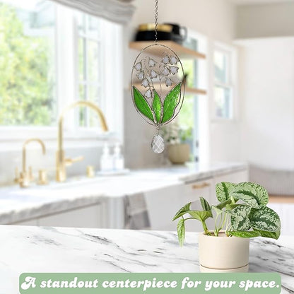 Real Stained Glass Suncatcher Lily of The Valley Suncatcher – Elegant Stained Glass Window Hanging Decor Plant Lover Gifts for Women Home Decor Gifts Sun Catchers Indoor Window 7.7in