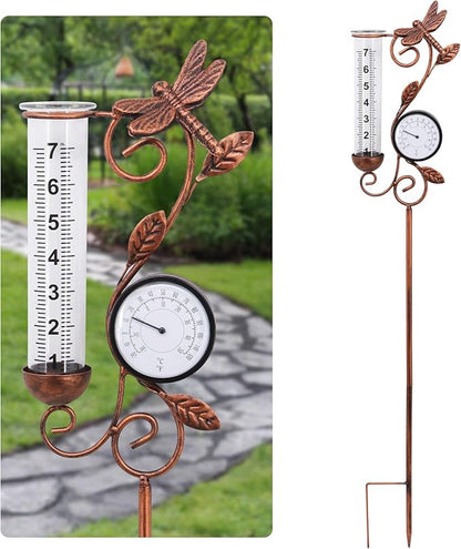 Dragonfly Rain Gauge Garden Decor, 32" Thermometer Patio Decor, 7" Capacity Rain Gauge Replacement Tube Glass, Outdoor Temperature Patio Decor