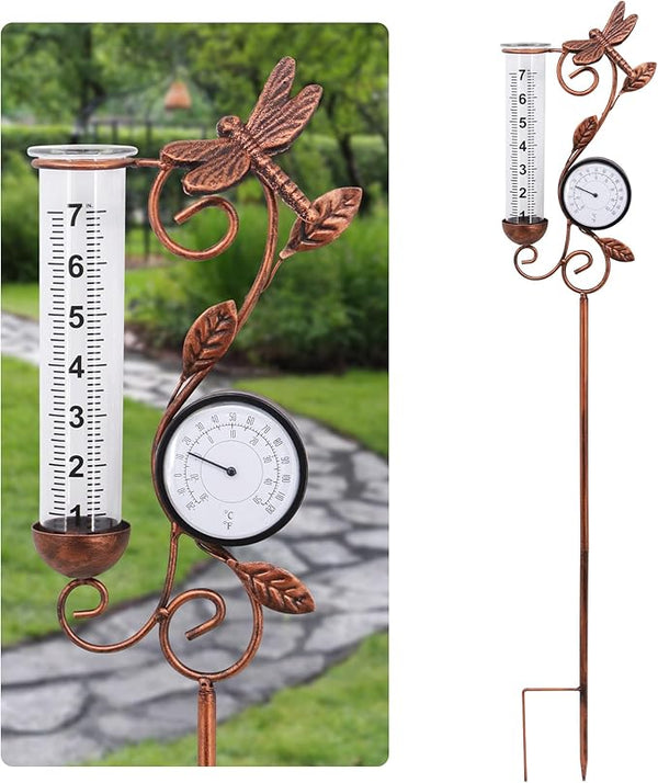 Dragonfly Rain Gauge Garden Decor, 32" Thermometer Patio Decor, 7" Capacity Rain Gauge Replacement Tube Glass, Outdoor Temperature Patio Decor