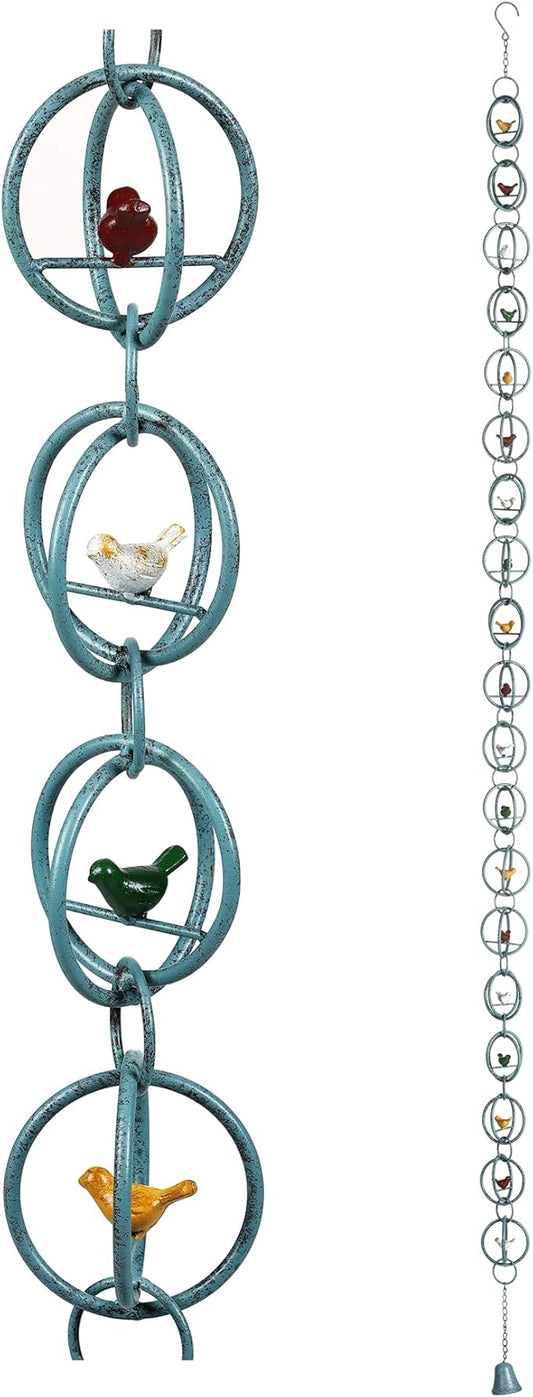 Phaxth Colorful Birds in a Cage Rain Chain for Heavy Rain, Functional and Decorative Replacement Downspout Chain for Outside, Metal Rain Catcher Chain for Gutters, 8.5FT, Antique Blue