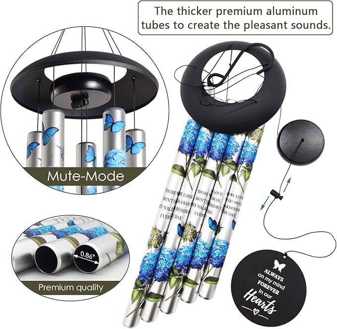 Blue Hydrangea Wind Chimes for Outside,Memorial Wind Chimes for Loss of Loved One Mother Father,Memorial Gifts,Sympathy Gift Baskets & Bereavement Gift idea,Wind Chime in Memory of a Loved One Mom
