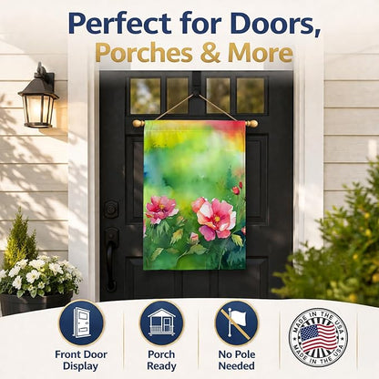 Caroline's Treasures Iowa Wild Prairie Roses in Watercolor House Flag Large Porch Sleeve Pole Decorative Outside Yard Banner Artwork Wall Hanging, Polyester, House Size, Multicolor