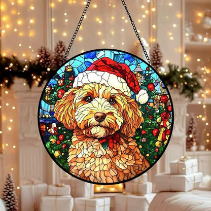 Stained Glass Window Hanging - 6.3 Inches Christmas Tree and A Dog Wearing a Xmas Hat Suncatcher for Garden Home Decor for Women Mon Grandma Friends