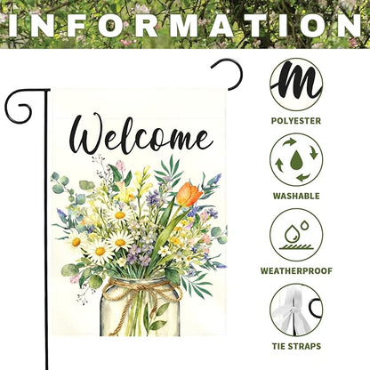 Spring Welcome Garden Flag Watercolor Wildflower Bouquet Mason Jar Floral Yard Flags Springtime Home Seasonal Bright Daisy Tulip Rustic Farmhouse House Banner Front Porch Outdoor 12×18 Inch