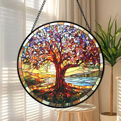 Funoasis Stained Glass Window Hanging 6.3 Inches Suncatcher - The Tree of Life Shines Brightly in The Sunlight Ornaments Sun Catcher Home Decor Women Birthday