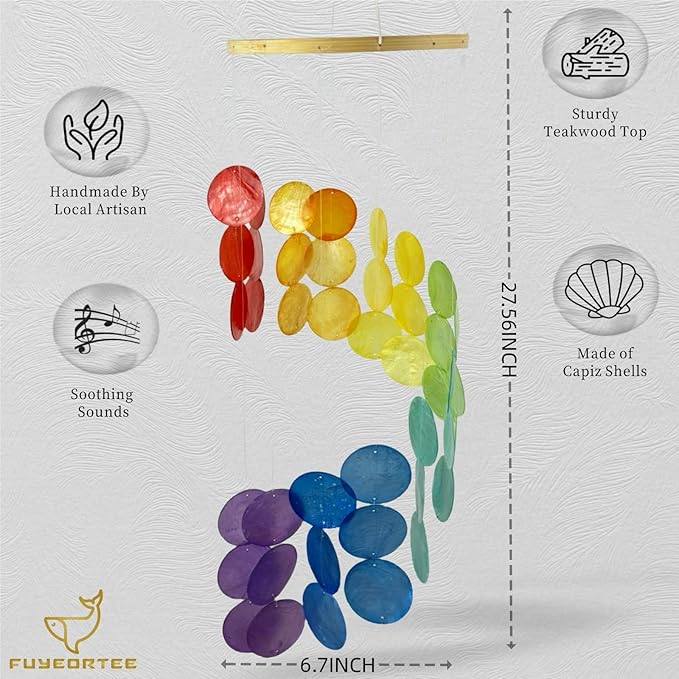 Wind Chimes for Outside Handmade Rainbow Capiz Shells Seashell Sea Glass Arts Windchime Beach Coastal Outdoor Crafts Garden Decor Gardening for Women Patio Finds