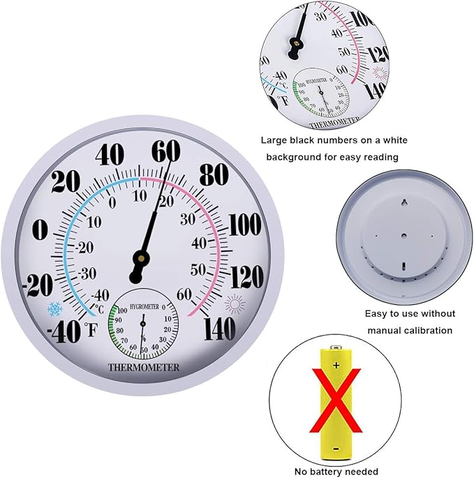 Indoor Outdoor Thermometer Hygrometer - Waterproof Hanging Wall Thermometer Decorative Outdoor Thermometer Large Numbers, No Battery Needed Outdoor Thermometers for Patio