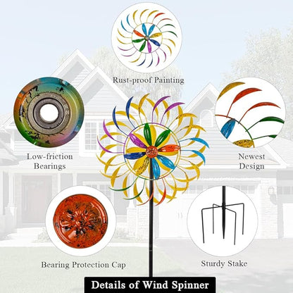 Wind Spinners Outdoor, Colorful Changing Garden Windmill for Yard Decor 65 inch, Unique Tree Leaf Design Metal Garden Wind Spinners，Gifts for Family Friends