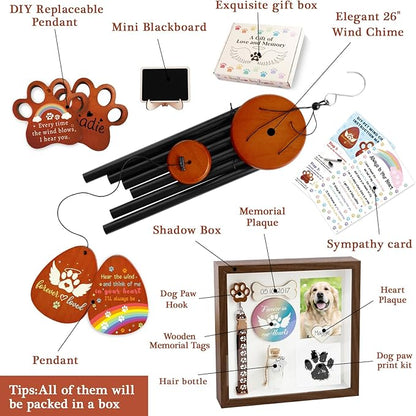 Dog Memorial Wind Chimes and Shadow Box, Pet Memorial Gifts for Dogs, Loss of Dog Cat Sympathy Remembrance Gift Picture Frame Set, Pets Passing Away Bereavement Grieving Gift
