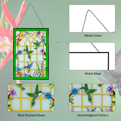 Viveta Hummingbird Stained Glass Window Hanging, Suncatchers Stained Glass Panels Hand-Painted Art Decor with Chain, Gift for Mom Grandma Christmas Decor 10 * 15"