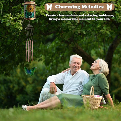 Solar Wind Chimes for Outdoor, Butterfly Garden Decorations Memorial Wind Chimes Deep Tone, Sympathy Windchimes for Outside Garden Décor, Gifts for Mom, Grandma-Butterfly