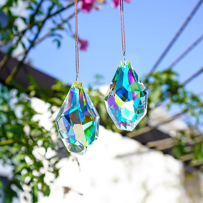 H&D HYALINE & DORA Set of 2 Crystal Sun Catcher Prisms 3.5" AB Colored Hanging Crystals for Window Rainbow Maker Prisms for Home Garden Decor