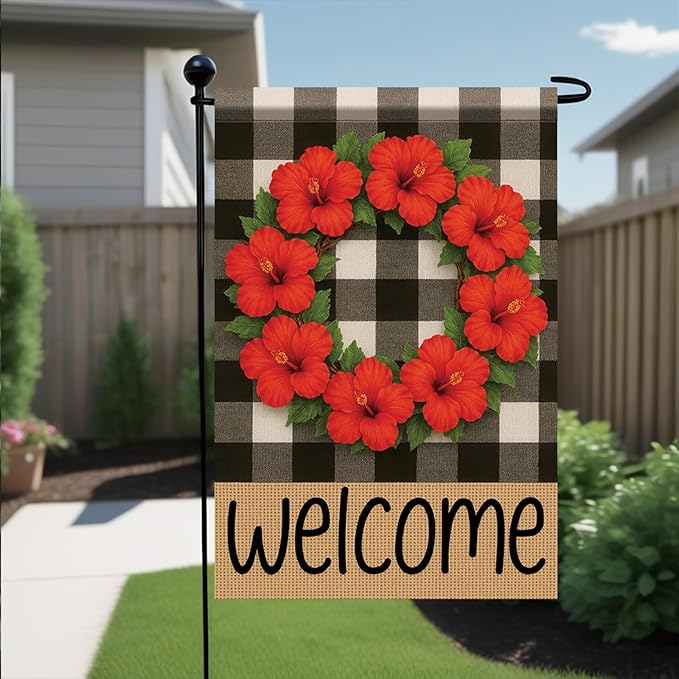 Buffalo Plaid Welcome Wreath Garden Flag Red Hibiscus Flower Red Floral Flag 12x18 Double Sided Tropical Floral Yard Decor for Spring Summer Outdoor Porch Patio Lawn Farmhouse