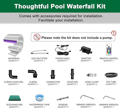 LONGRUN J-Shaped Waterfall Spillway Stainless Steel Swimming Pool Fountain with Color Changing LED Light, Outdoor Pond Waterfalls Kit for Garden Patio Swimming Pool Koi Ponds Decoration -13.6" Height