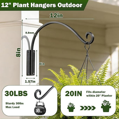 Heavy Duty 12 Inch Plant Hangers Bracket Outdoor, 50lbs Weight Capacity-4 Pack Metal Wall Hooks for Hanging Plants, Bird Feeder, Wind Chime, Wall Decor, Plant Hanger Hooks for Hanging Flower Baskets