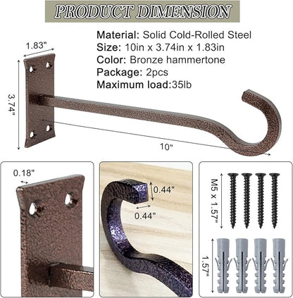 QIEGL 10inch Heavy Duty Plant Hangers Outdoor or Indoor Bird Feeder Hanger Shepherd Hooks 2pcs Bronze hammertone Metal Wall Hook for Hanging Plant Bracket, Lantern, Flower Basket, Wind Chimes