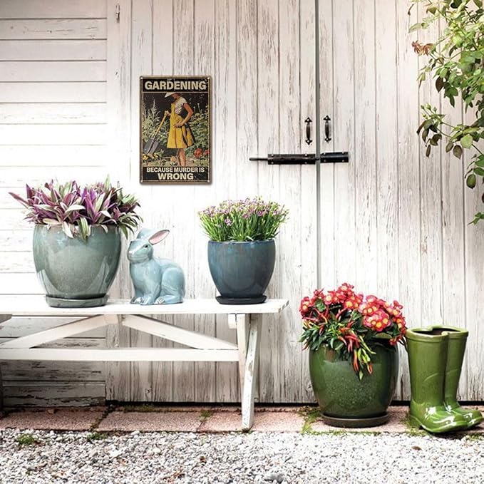 Funny Garden Sign – Gardening Because Murder Is Wrong | 12x8″ Vintage Metal Sign for Outdoor Garden Decor - Humorous Gardening Gift for Women & Plant Lovers, 2337