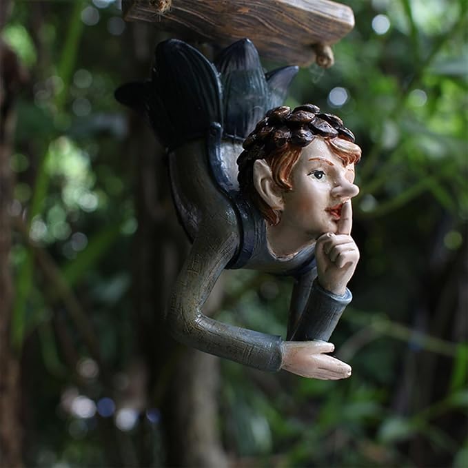Swinging Fairy Garden Statue, Resin Hanging Ornament for Outdoor Trees, Patio and Yard Decor All Weather Fairy on a Swing Figurine for Fantasy Garden Displays (Brown)