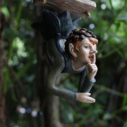 Swinging Fairy Garden Statue, Resin Hanging Ornament for Outdoor Trees, Patio and Yard Decor All Weather Fairy on a Swing Figurine for Fantasy Garden Displays (Brown)