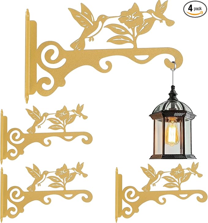 Elegant Bird Pattern Wall Hooks - 10/12/14 Inch Metal Plant Hangers for Indoor & Outdoor - Rust-Resistant Bracket for Plants, Feeders, Chimes, Lanterns (4, Gold, 10 inch)