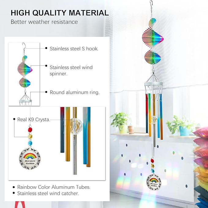 Aoedelyart Wind Chimes for Outside,30in Wind Chimes Spinner with Crystal Create a Rainbow Effect,Windchimes Outdoors Garden Decor,Colorful Patio Backyard Porch Ornaments,Crystal Gift for Women Mom Men
