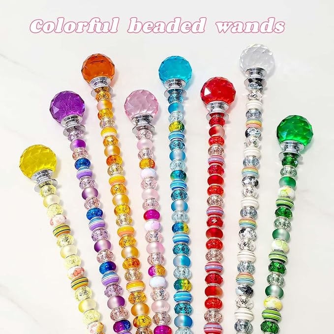 255Pcs Fairy Wand Garden Stake Beads Kits with 225 Large Hole Beads, 12IN Beaded Garden Stakes Kit for Different Holidays, Fairy Garden Accessories Outdoor Kit, Beadable Items (Crystal Ball)