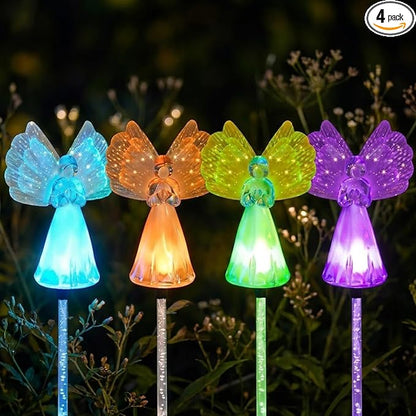 Outdoor Solar Garden Lights,4 Pack Solar Angel Decorative Lights, IP67 Waterproof Color Changing LED Solar Outdoor Lights,Solar Stake Lights for Cemetery Grave Garden Patio Yard Lawn Decoration