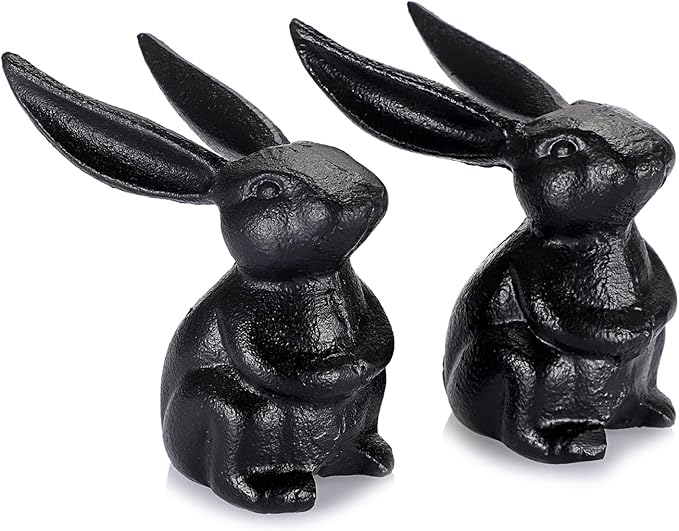 OwnMy 2 Cast Iron Bunny Figurines Outdoor Rabbit Statues for Garden Patio Home Decors, 3.7" Hollow Carved Cute Bunny Statue Vintage Long-Eared Rabbit Ornaments Paperweights for Office Table Decors