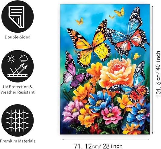 Spring Summer House Flags 28x40 Double Sided Large Butterfly Garden Flag Flower Yard Flags for Outside Butterflies Outdoor Decorative Floral Welcome Flags