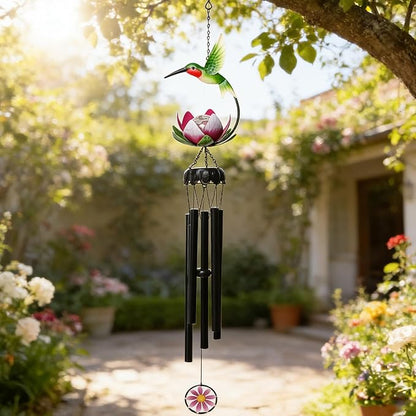 Taman Solar Wind Chime - 46" Hummingbird Solar Light with Lotus Crack Glass Ball Valentine's Day Gift for Outside Waterproof Decorative Memorial Gift, for Home, Outdoor, Yard, Patio,Garden Decor